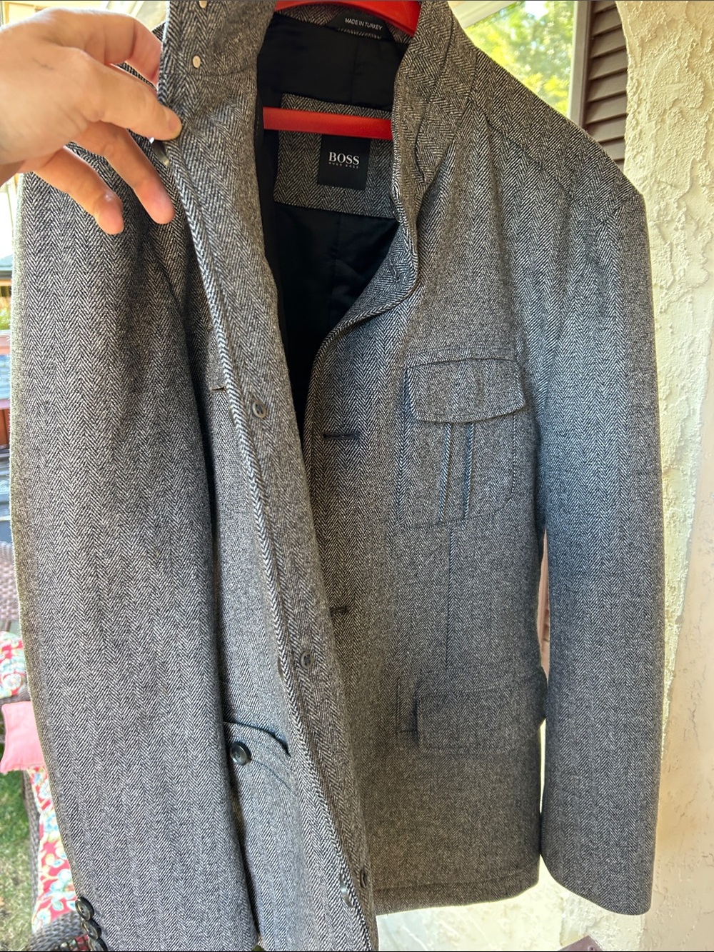Hugo Boss Men's Gray Herringbone Wool Pea Coat